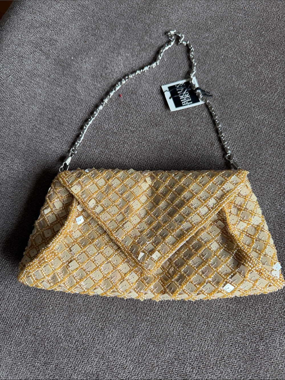Bijoux Terner Gold Beaded Envelope Clutch with Chain